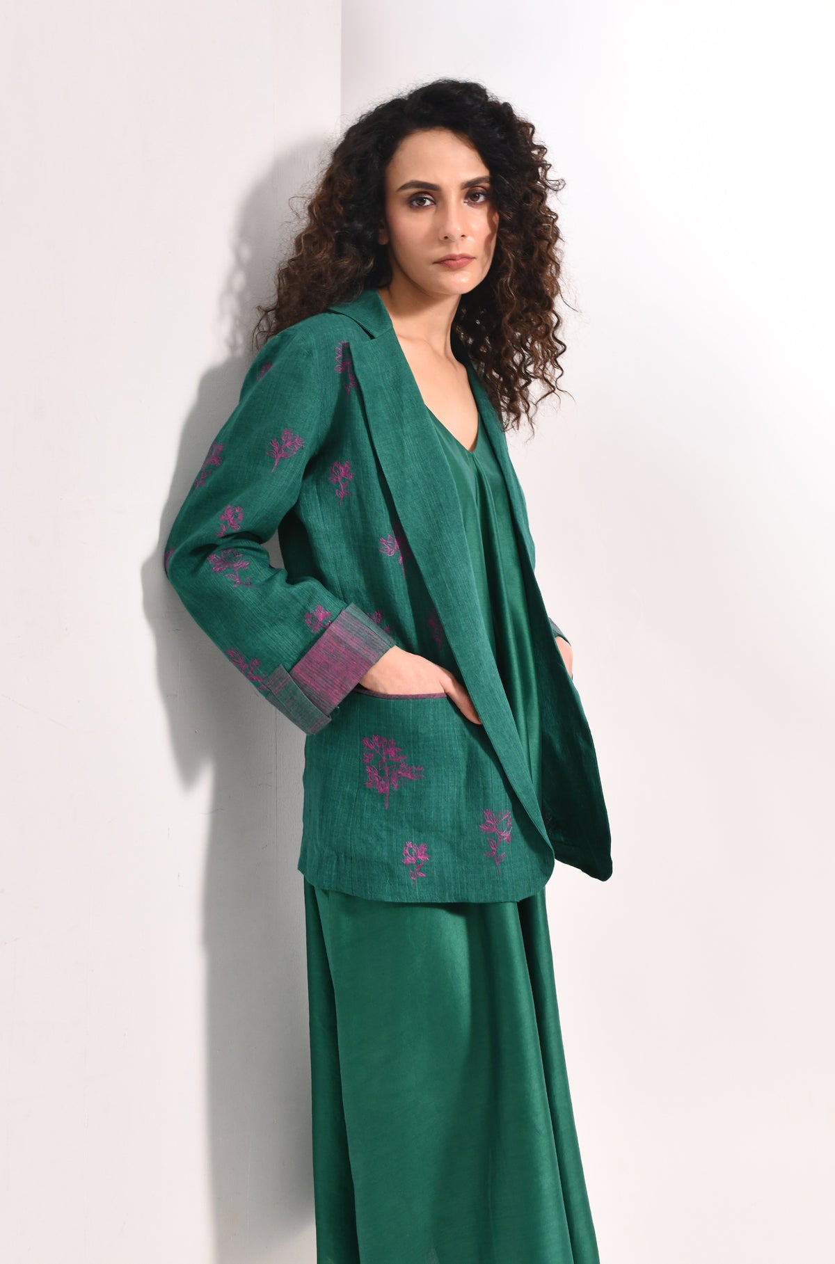 Green blazer co-ord set with tailored fit and embroidered detailing for women - Hiranya