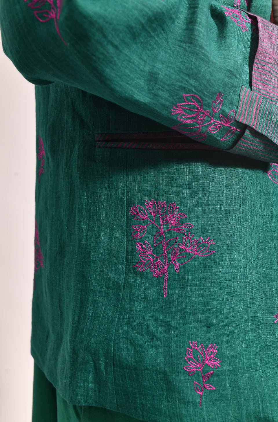 Green blazer co-ord set with tailored fit and embroidered detailing for women - Hiranya