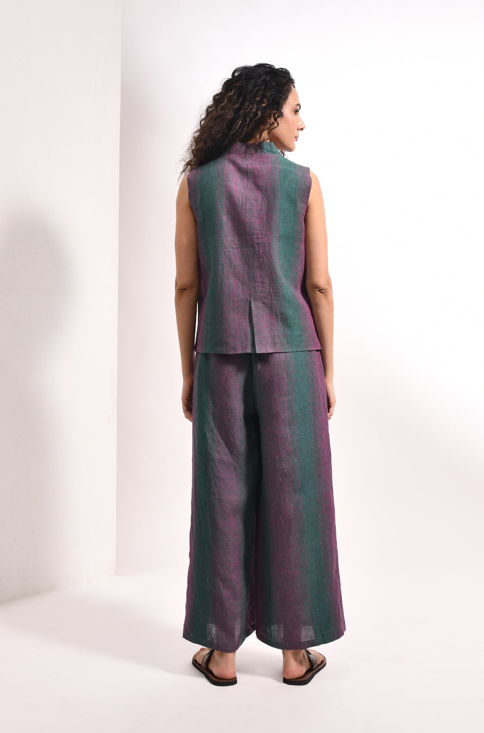Forest green linen striped waistcoat & overlap trousers - Hiranya