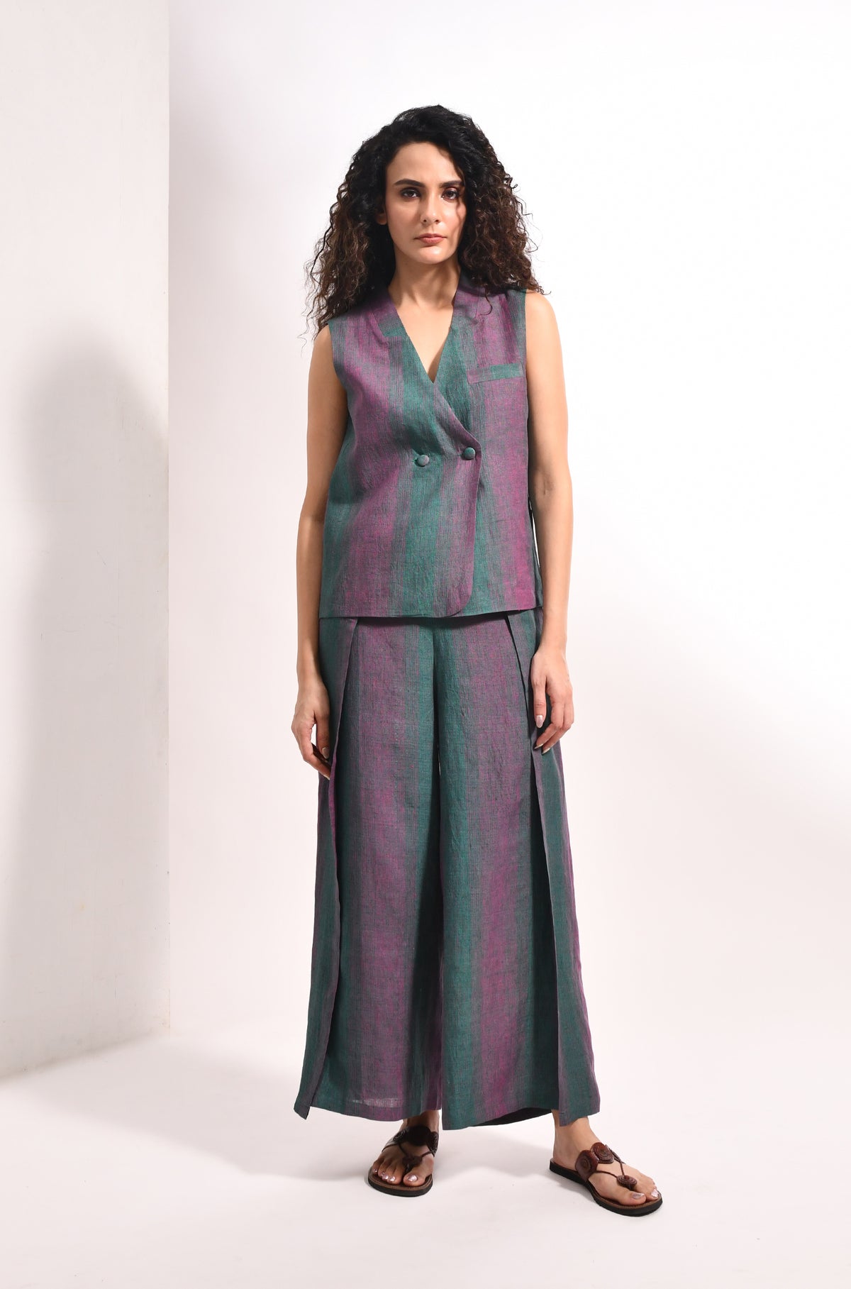 Forest green linen striped waistcoat & overlap trousers - Hiranya