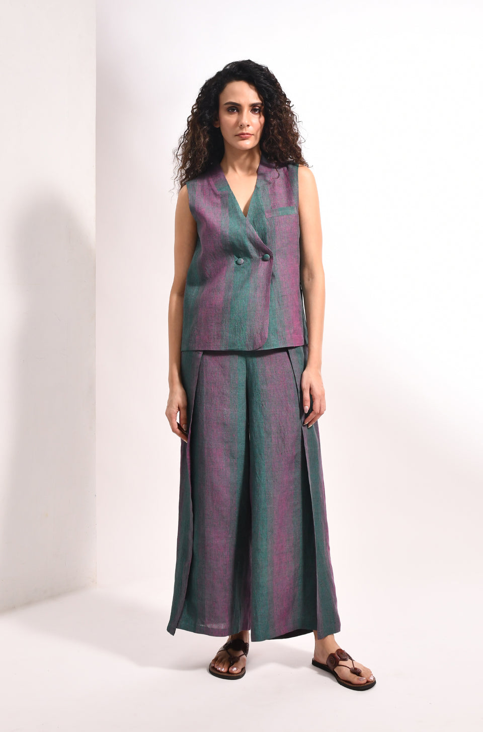 Forest green linen striped waistcoat & overlap trousers - Hiranya