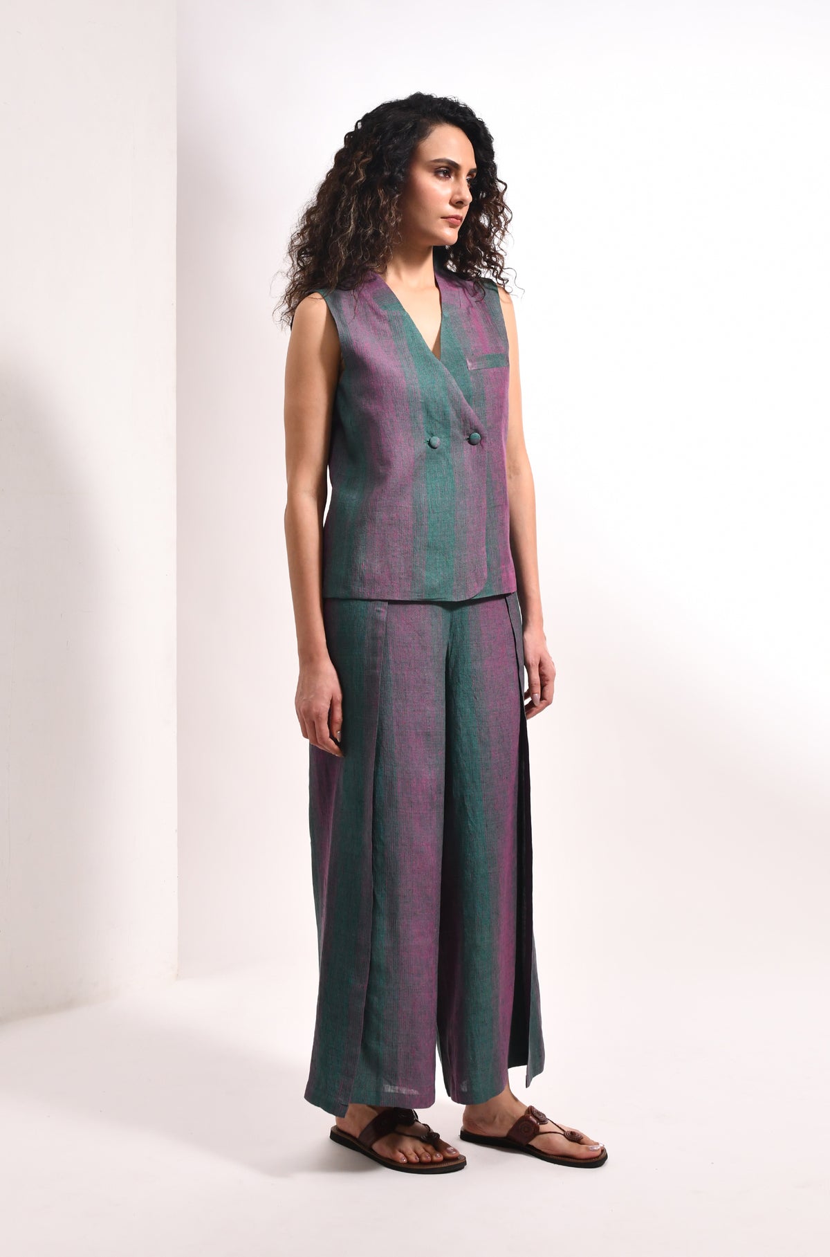Forest green linen striped waistcoat & overlap trousers - Hiranya