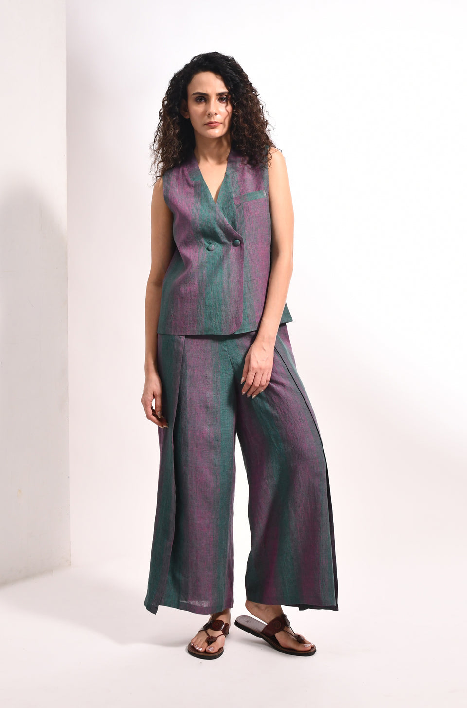 Forest green linen striped waistcoat & overlap trousers - Hiranya