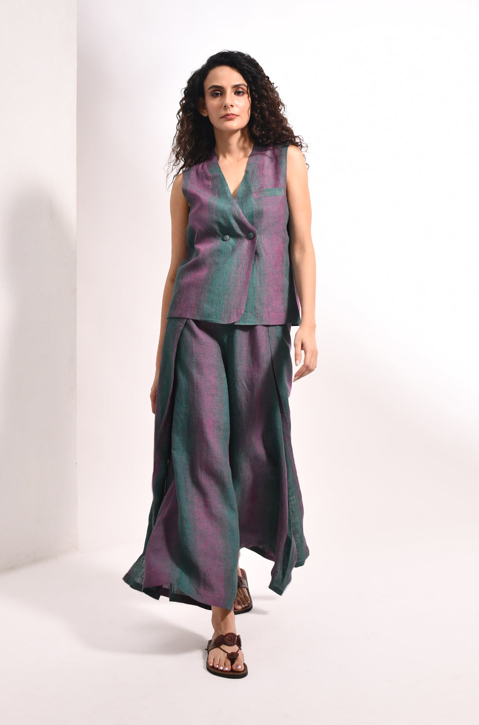 Forest green linen striped waistcoat & overlap trousers - Hiranya