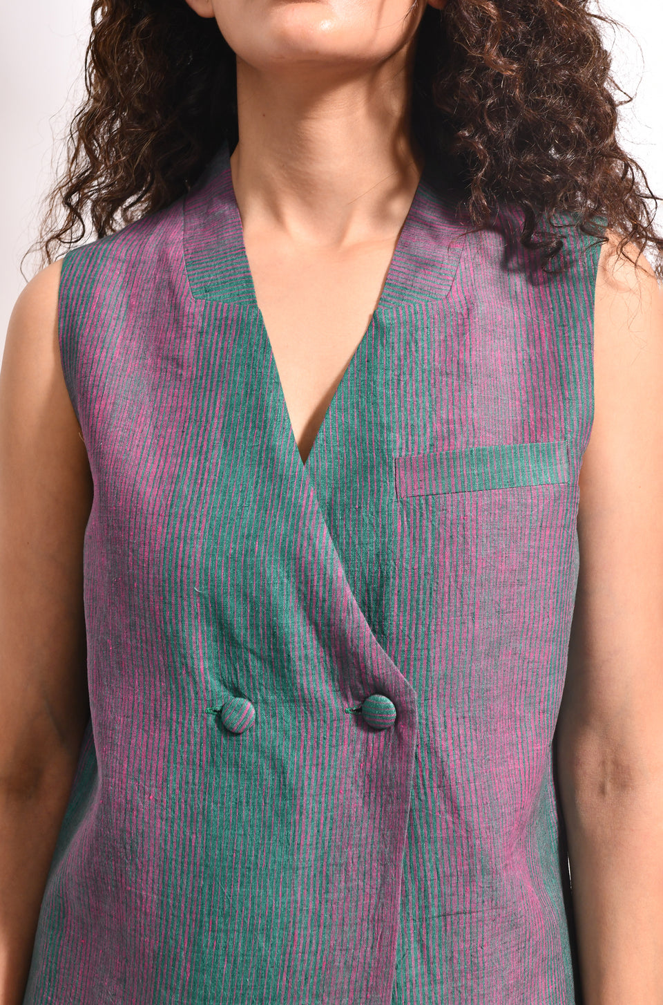 Forest green linen striped waistcoat & overlap trousers - Hiranya