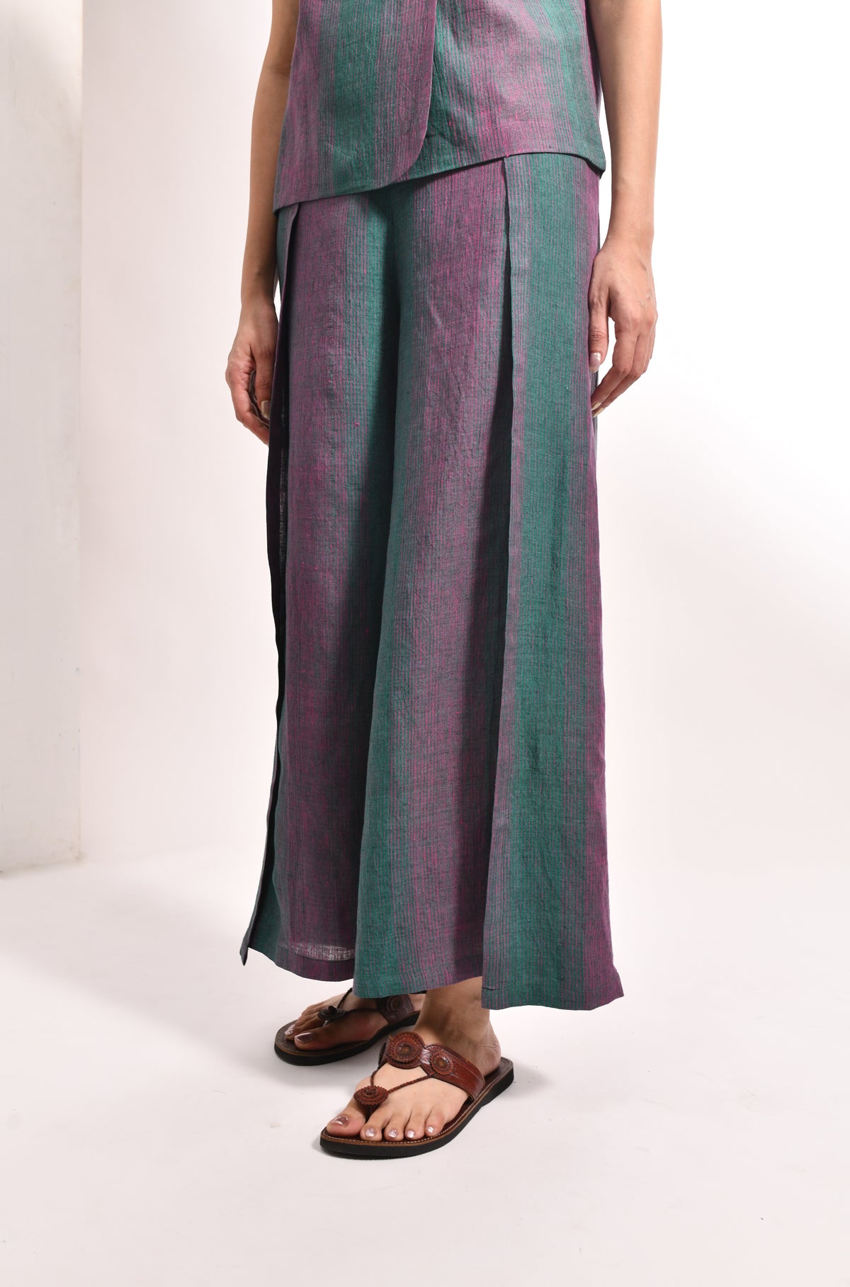 Forest green linen striped waistcoat & overlap trousers - Hiranya