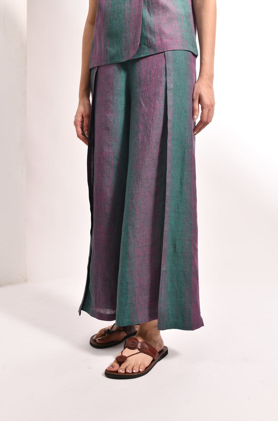Forest green linen striped waistcoat & overlap trousers - Hiranya