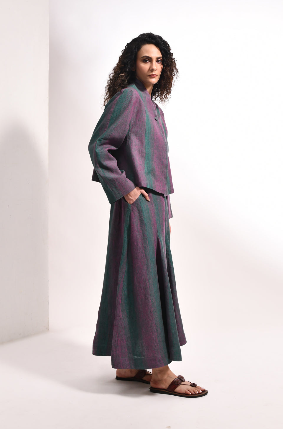 Forest green linen crop jacket & panel flared skirt set - Hiranya