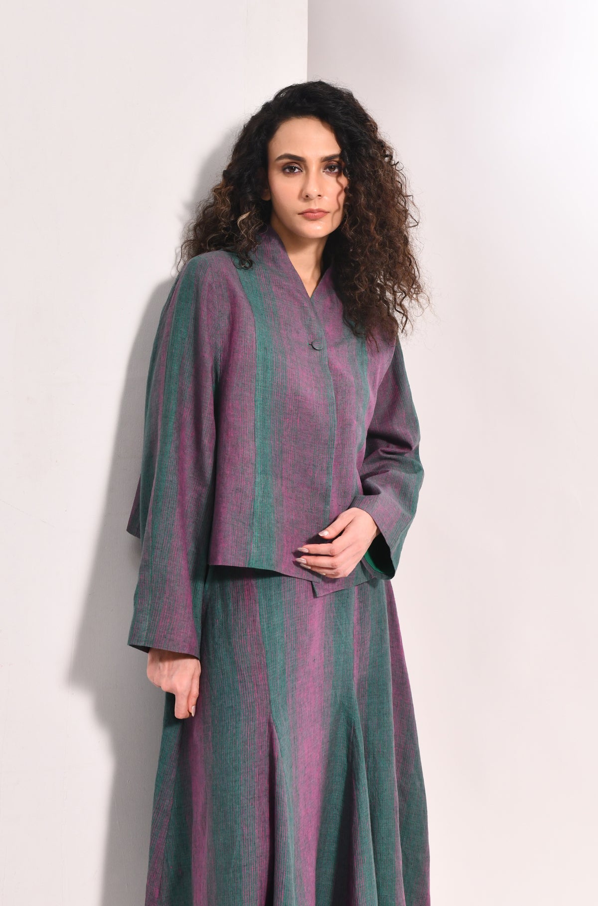 Forest green linen crop jacket & panel flared skirt set - Hiranya
