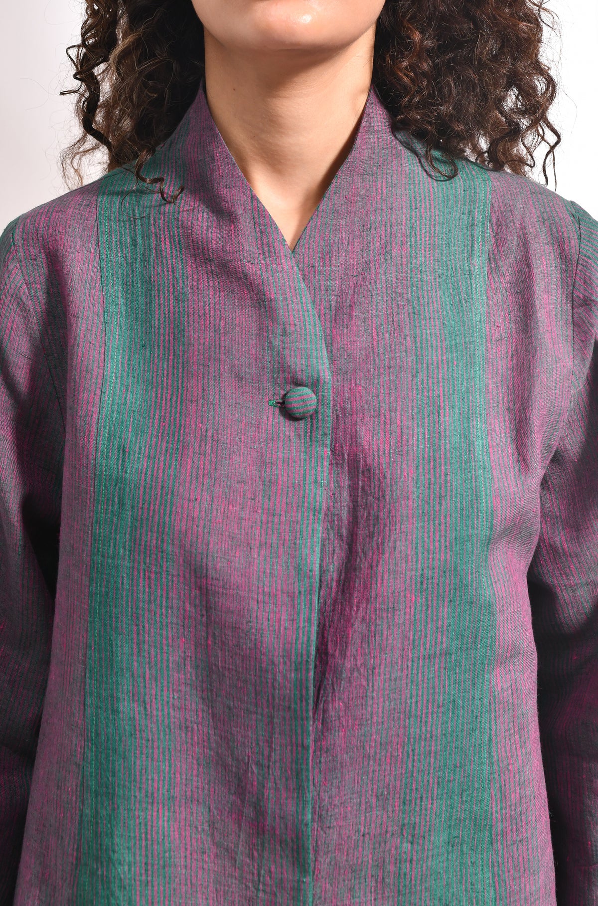 Forest green linen crop jacket & panel flared skirt set - Hiranya