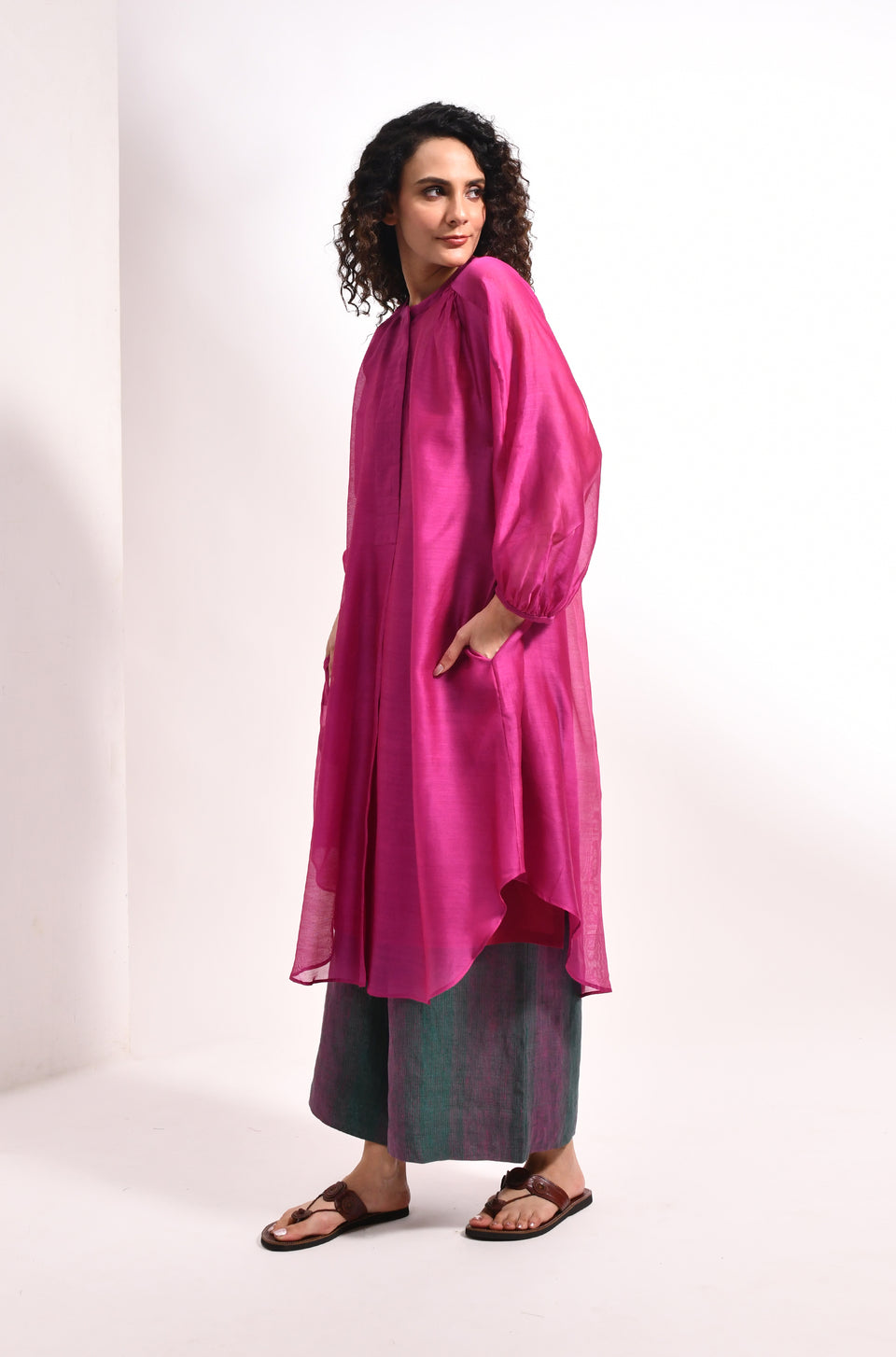 Mauve chanderi balloon sleeve kurta set