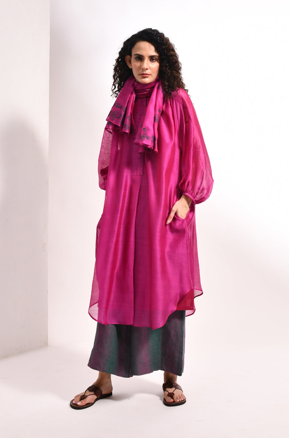 Mauve chanderi balloon sleeve kurta set