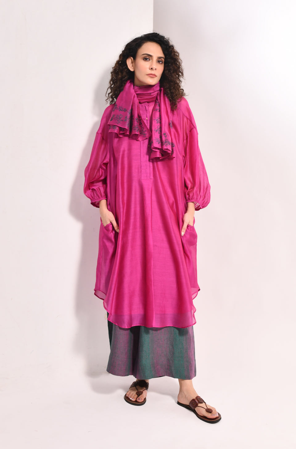 Mauve chanderi balloon sleeve kurta set