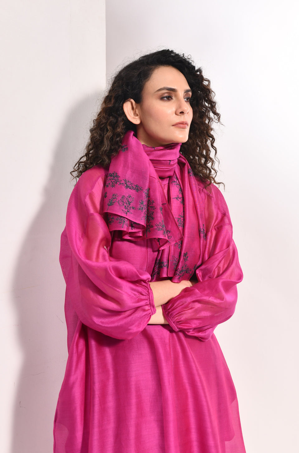 Mauve chanderi balloon sleeve kurta set