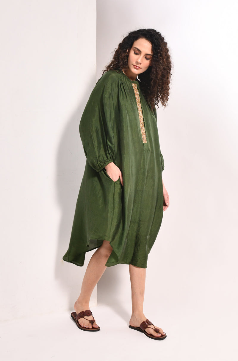 Green mulberry silk balloon sleeve tunic