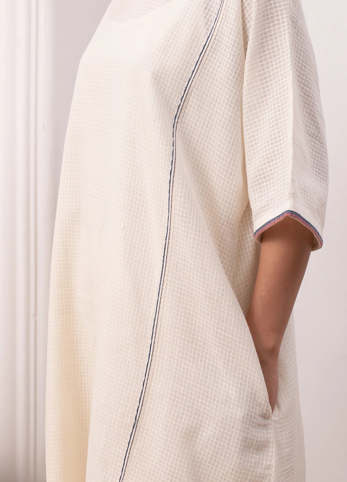 White and indigo jamdani co-ord set with relaxed kurta top and trousers -Hiranya