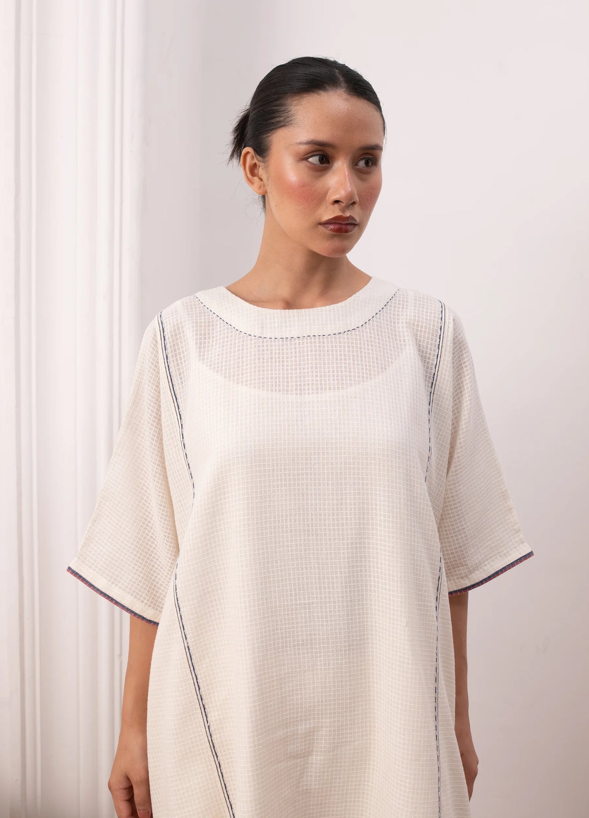White and indigo jamdani co-ord set with relaxed kurta top and trousers -Hiranya