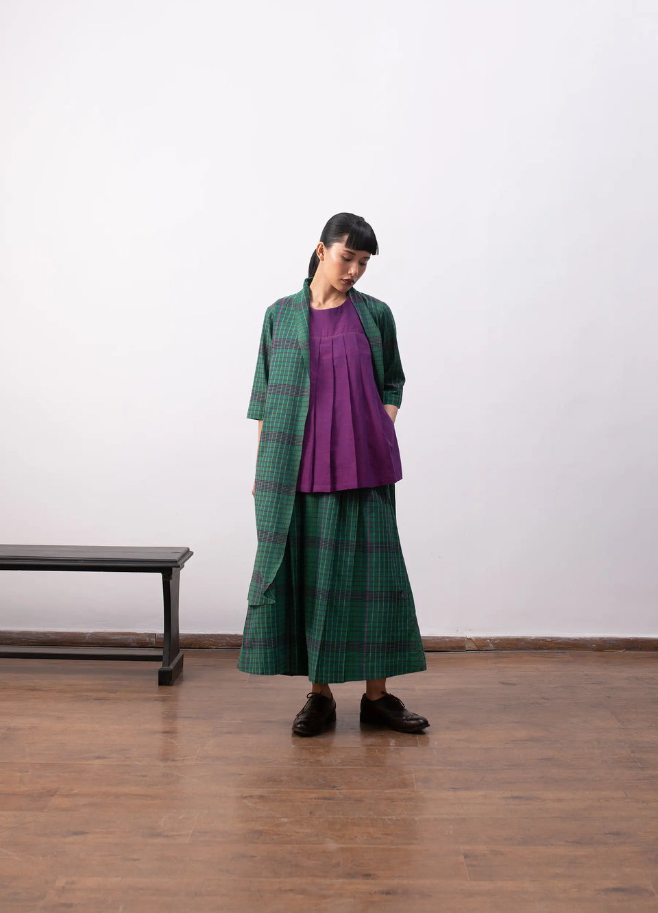 Madras checks layered set with jacket and skirt - Hiranya