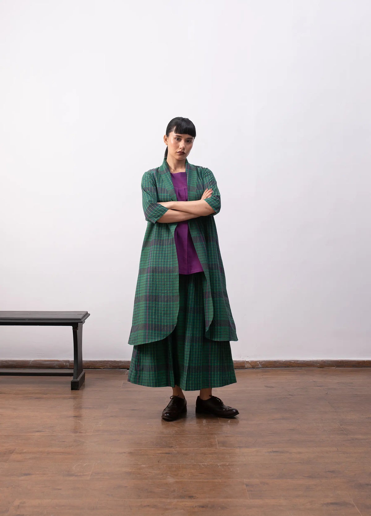 Madras checks layered set with jacket and skirt - Hiranya