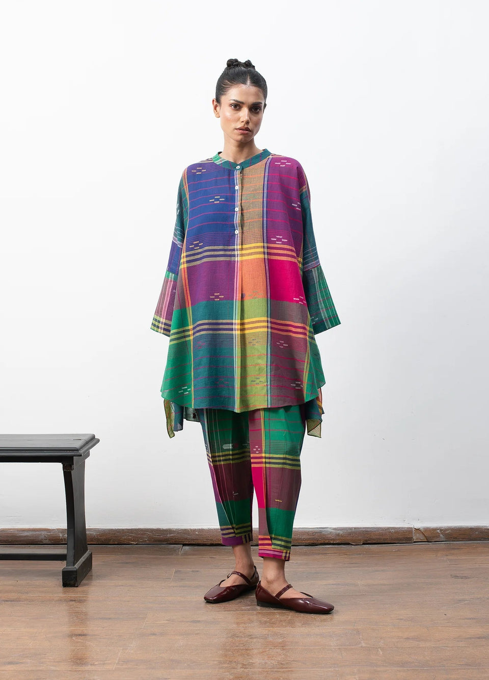 Madras checks co-ord with structured flare top and trousers - Hiranya