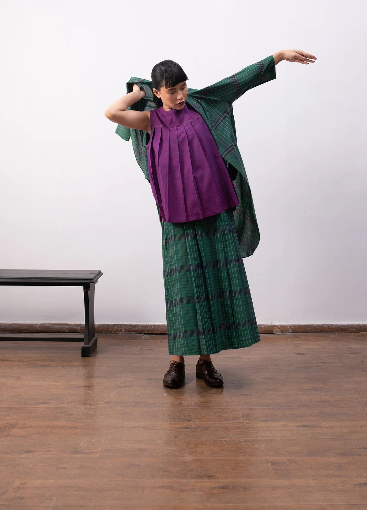 Madras checks layered set with jacket and skirt - Hiranya
