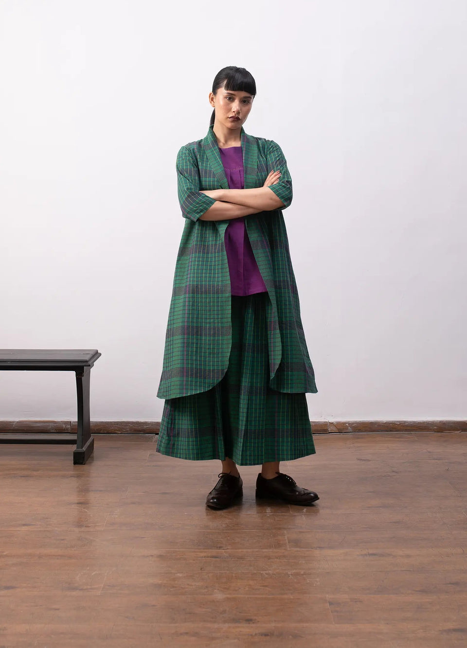 Madras checks layered set with jacket and skirt - Hiranya