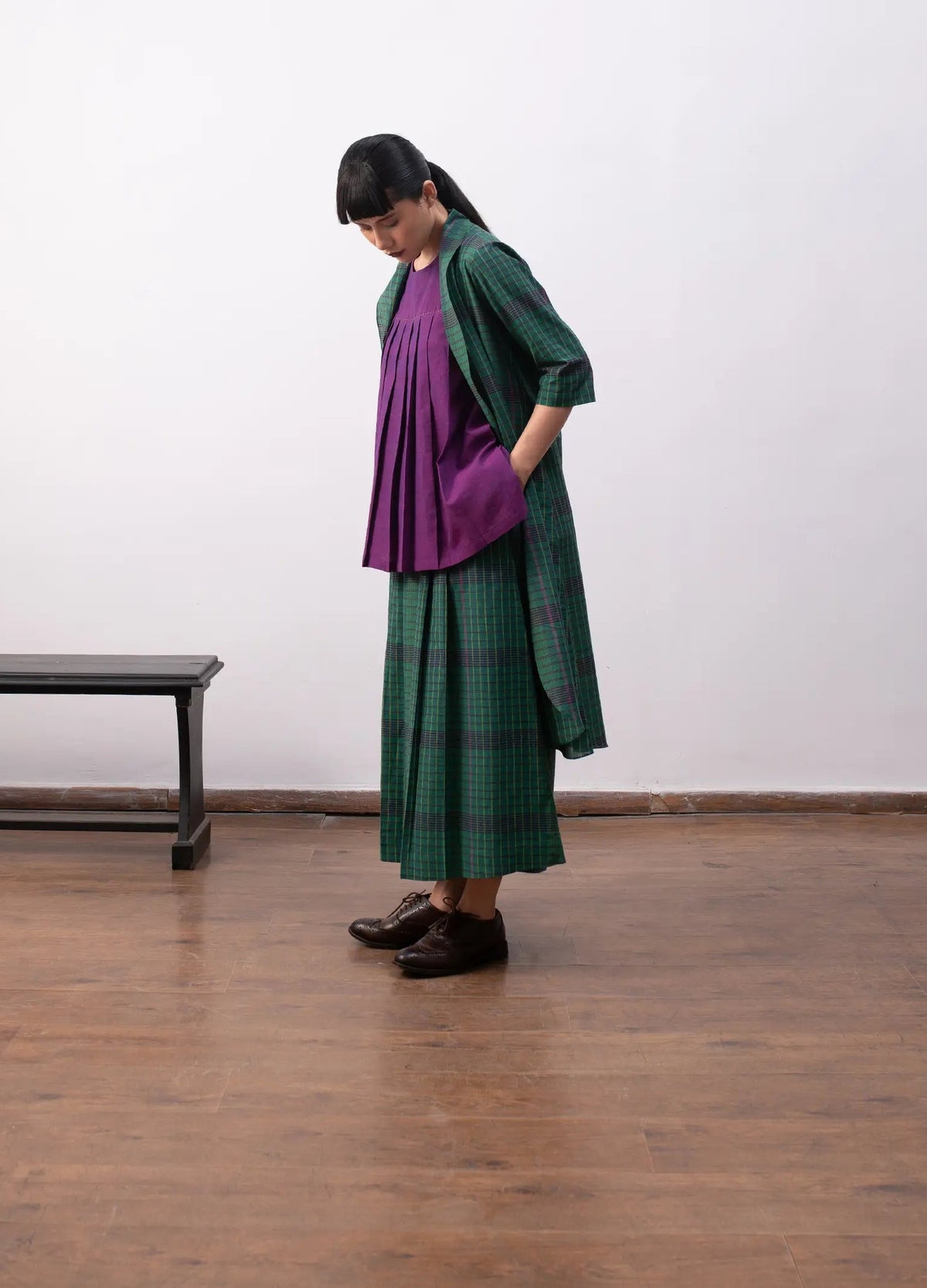 Madras checks layered set with jacket and skirt - Hiranya
