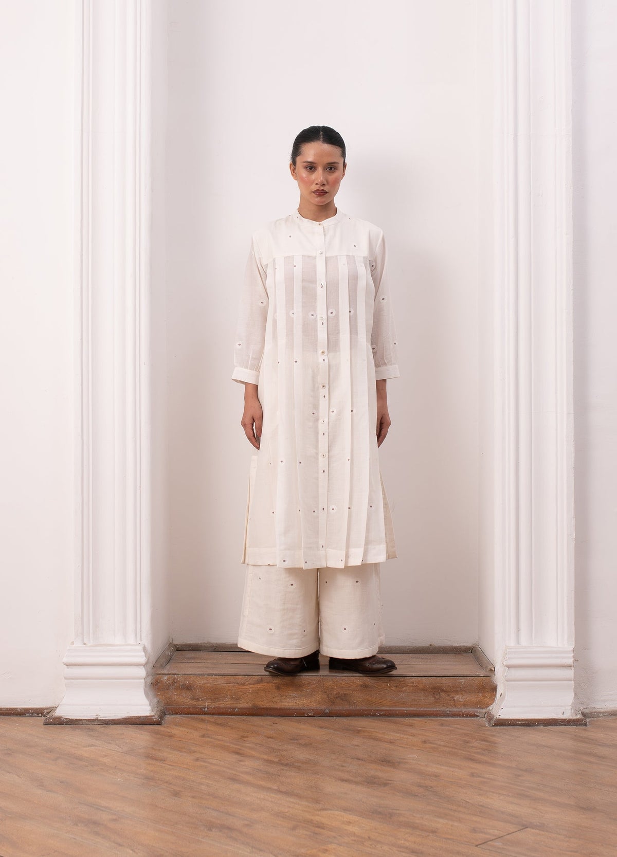 Soft white striped co-ord set with jacket, inner top and trousers- Hiranya