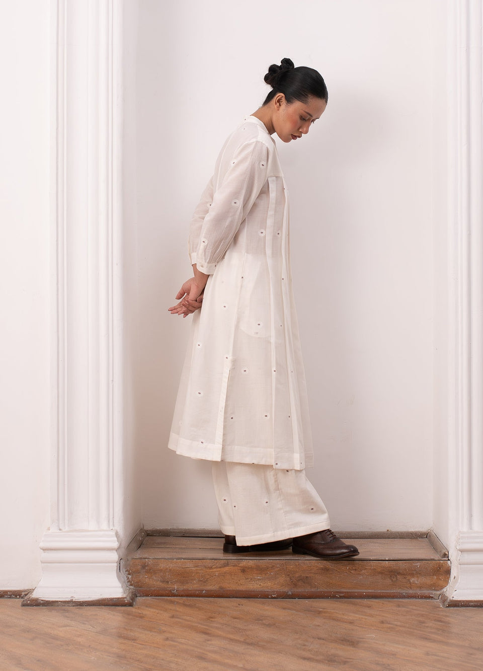 Soft white striped co-ord set with jacket, inner top and trousers- Hiranya