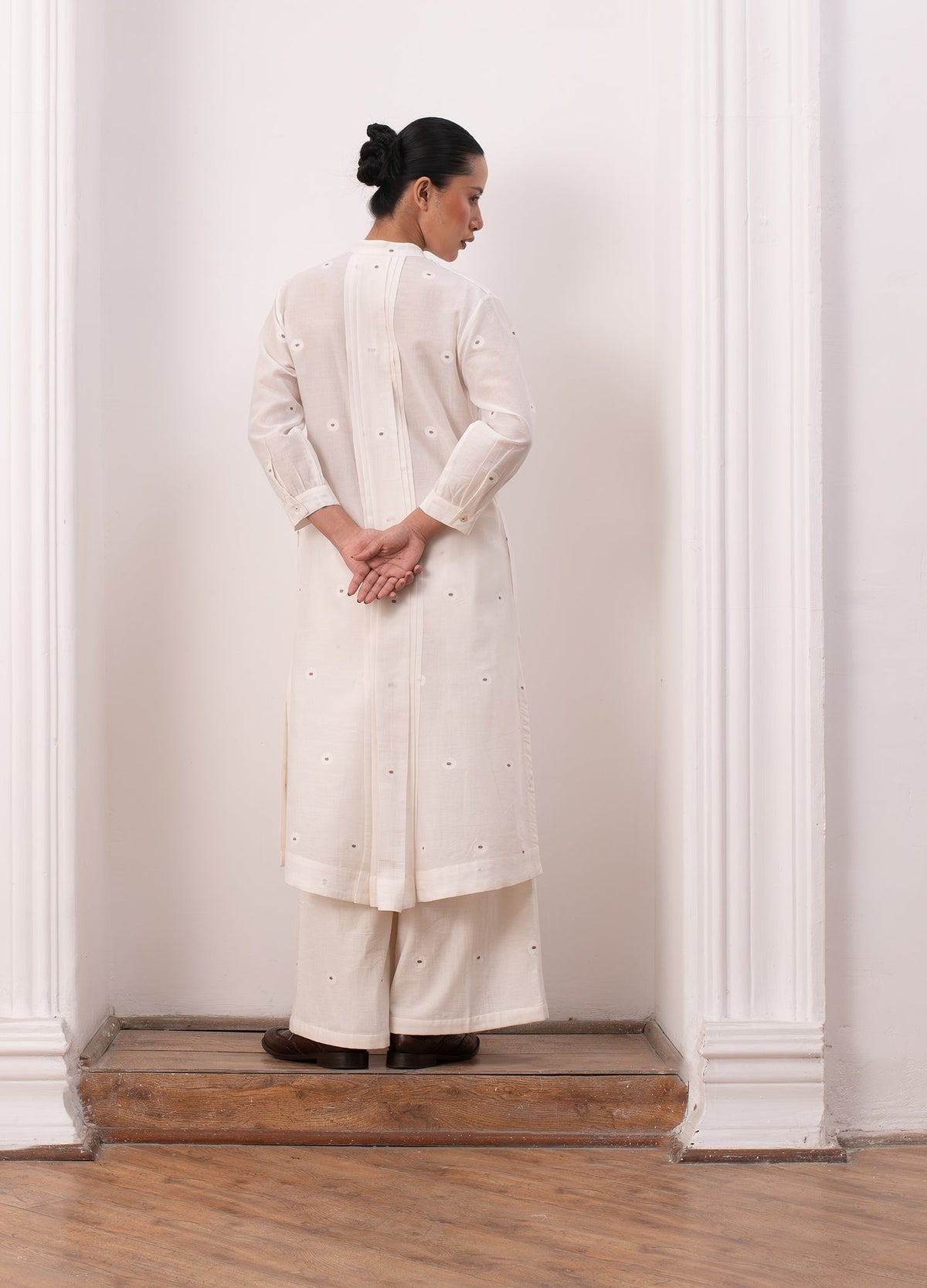 Soft white striped co-ord set with jacket, inner top and trousers- Hiranya