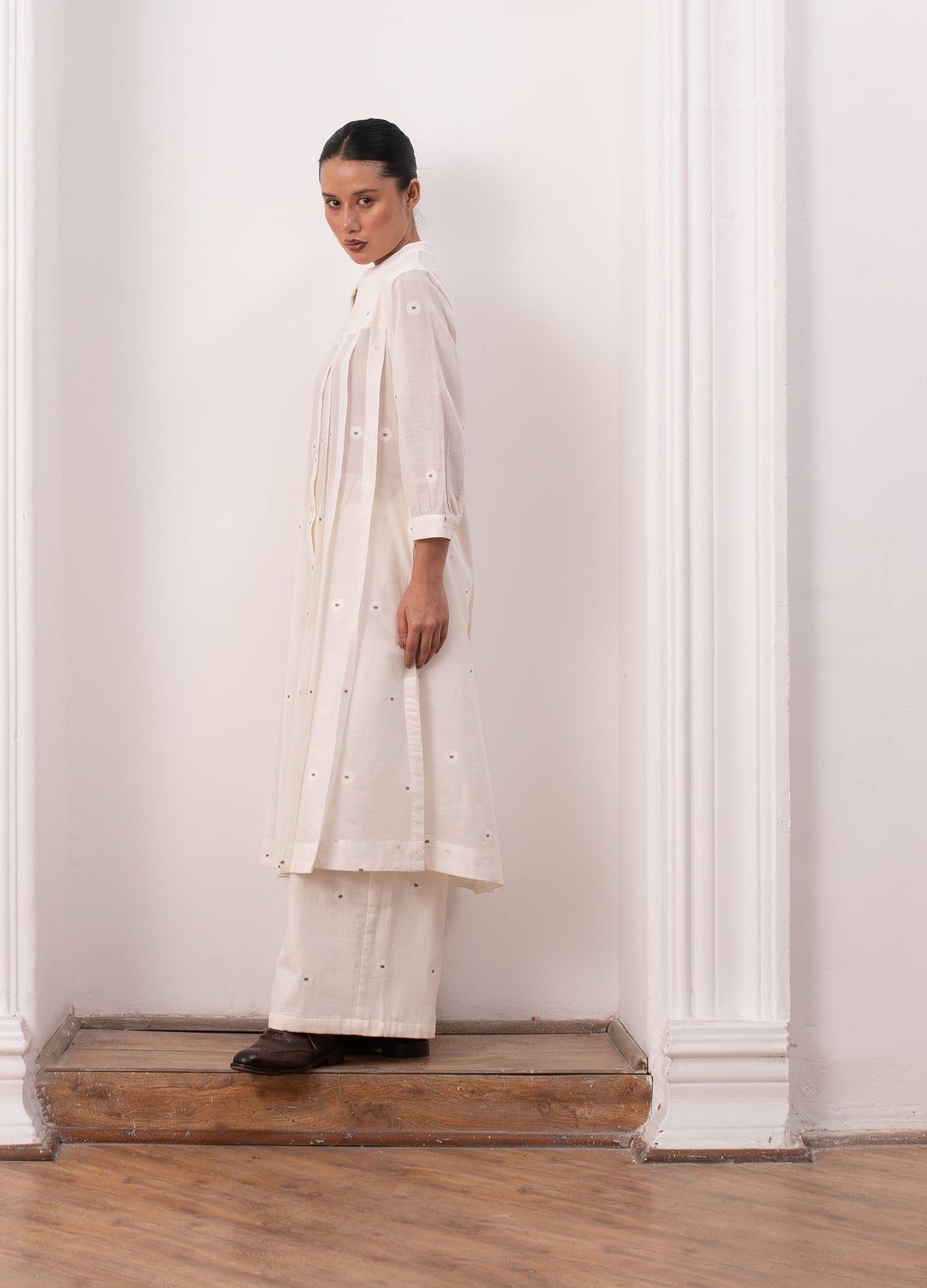 Soft white striped co-ord set with jacket, inner top and trousers- Hiranya