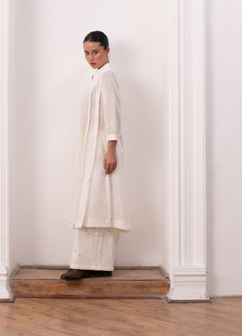 Soft white striped co-ord set with jacket, inner top and trousers- Hiranya