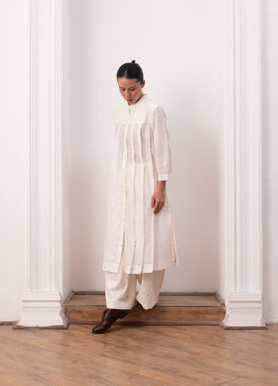 Soft white striped co-ord set with jacket, inner top and trousers- Hiranya