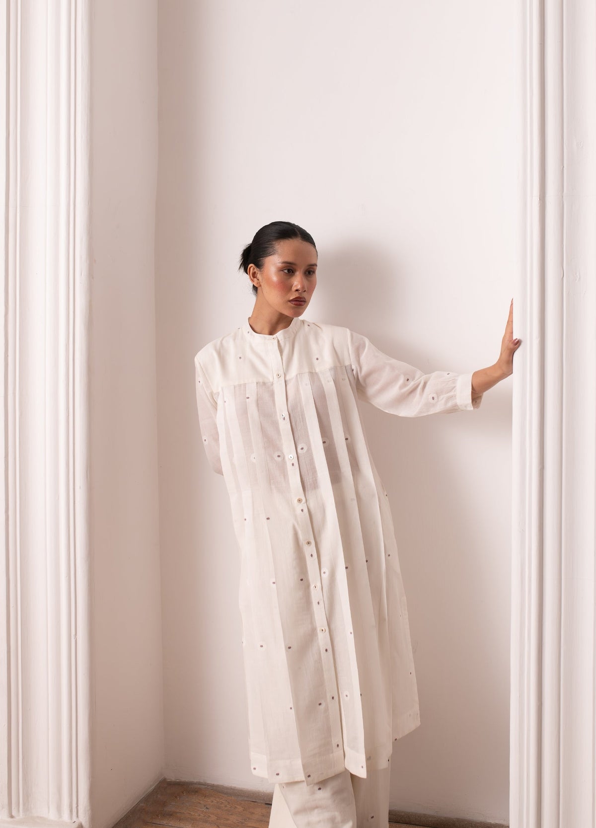Soft white striped co-ord set with jacket, inner top and trousers- Hiranya