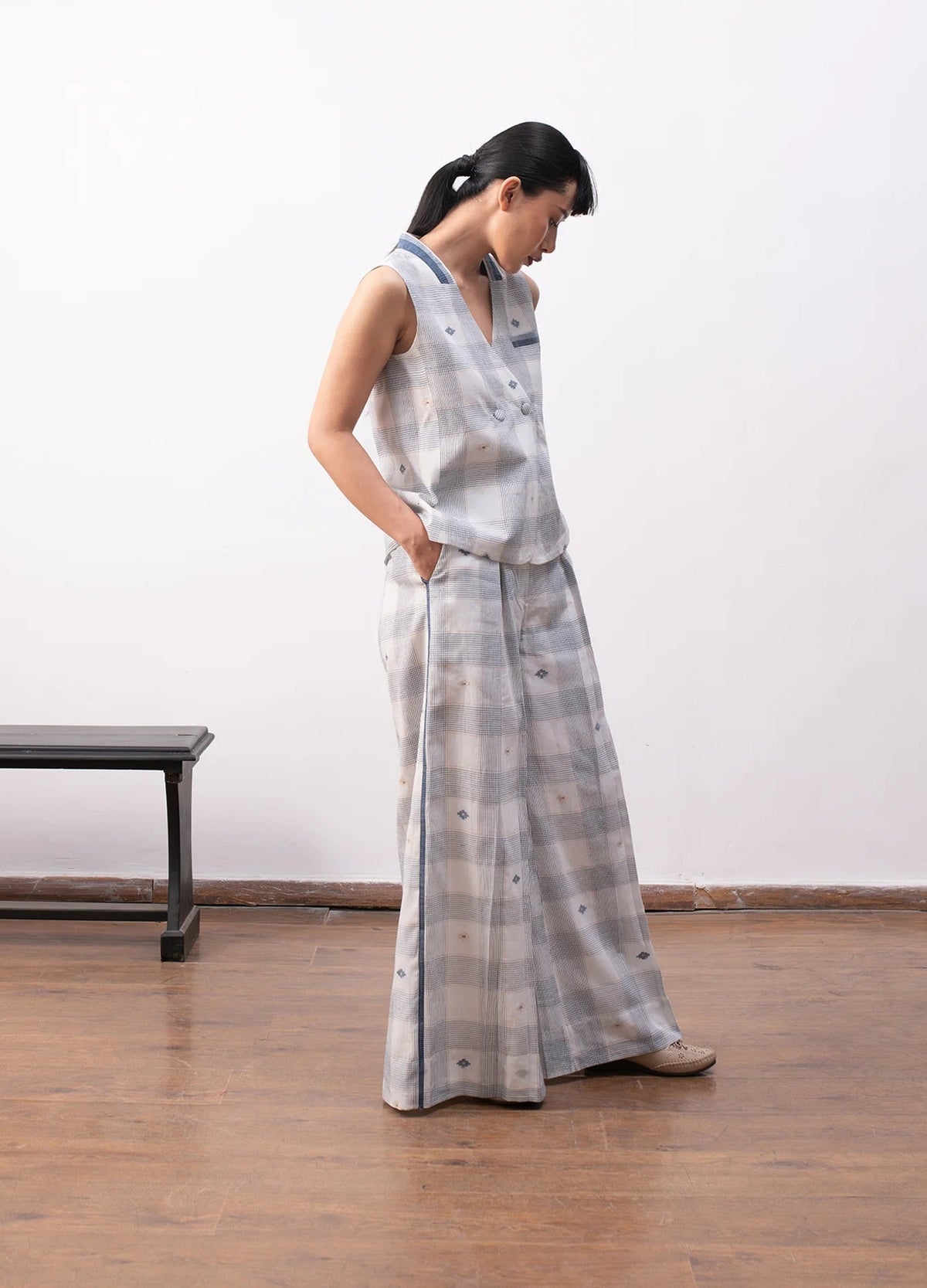 White and indigo co-ord with waistcoat and trousers- Hiranya