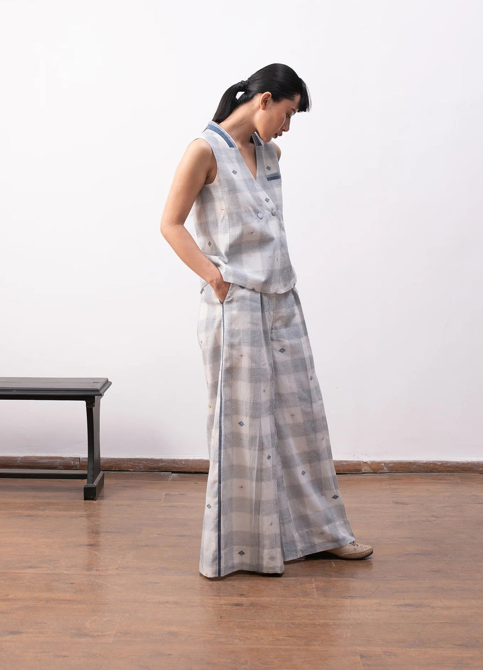 White and indigo co-ord with waistcoat and trousers- Hiranya