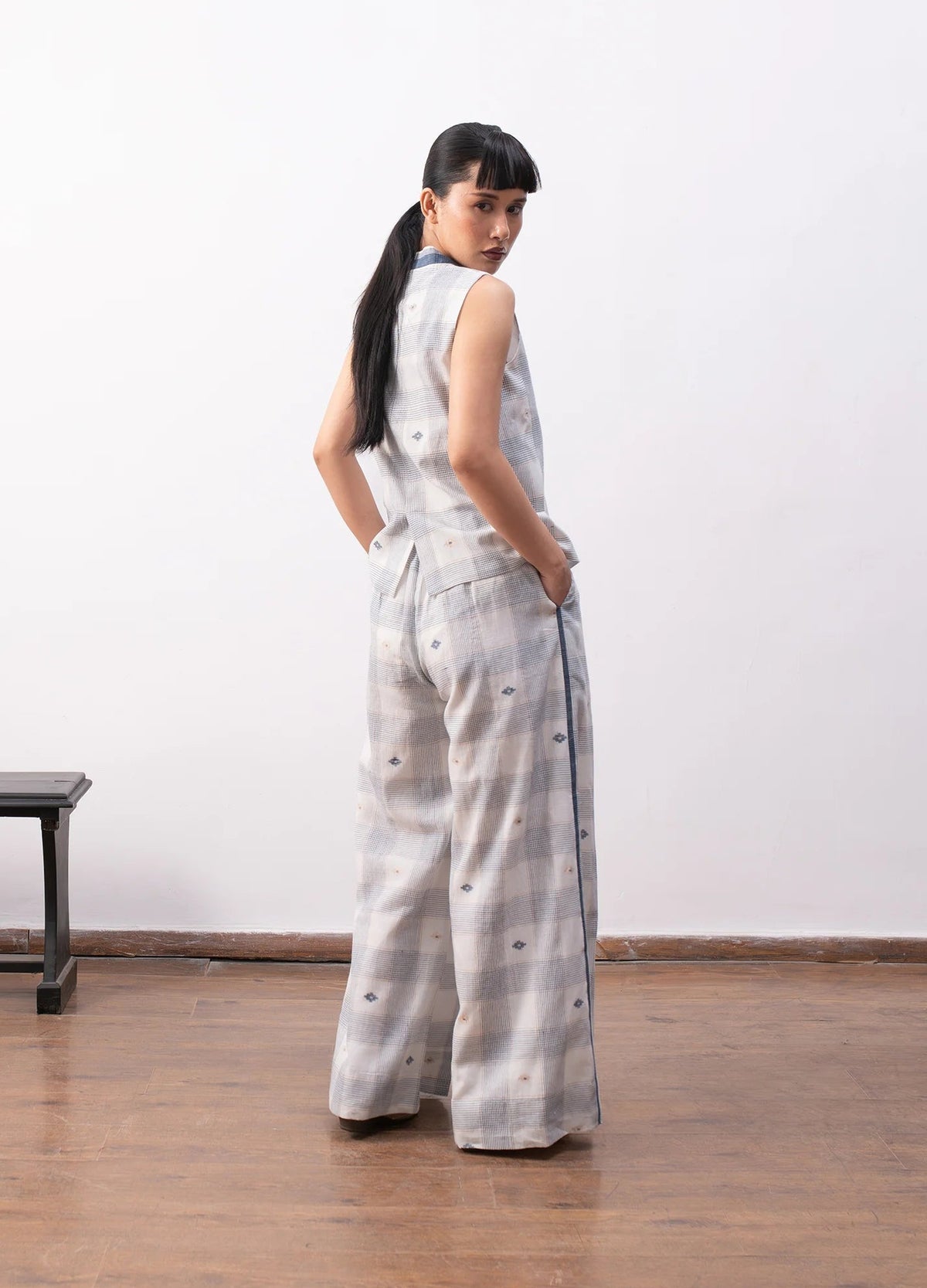 White and indigo co-ord with waistcoat and trousers- Hiranya