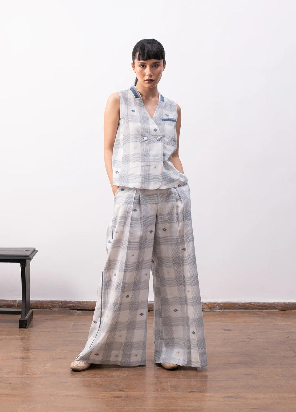 White and indigo co-ord with waistcoat and trousers- Hiranya