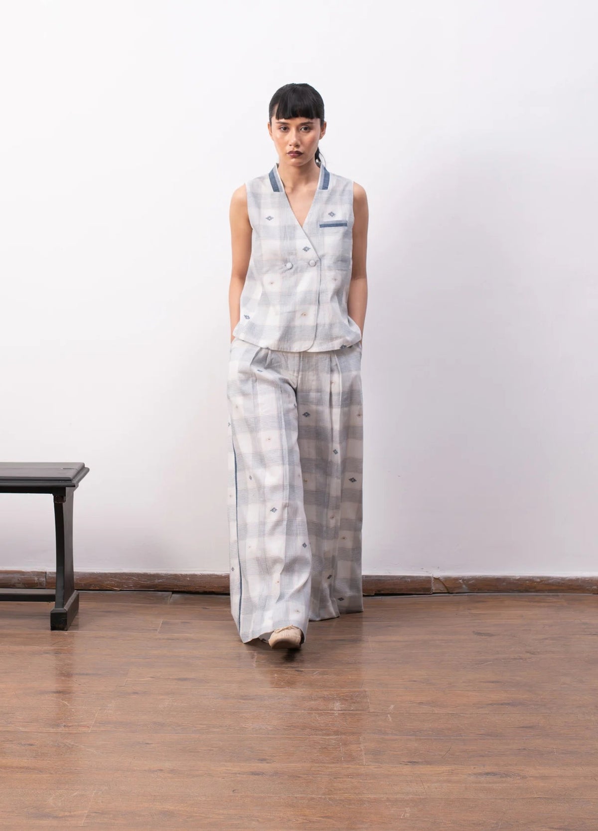 White and indigo co-ord with waistcoat and trousers- Hiranya
