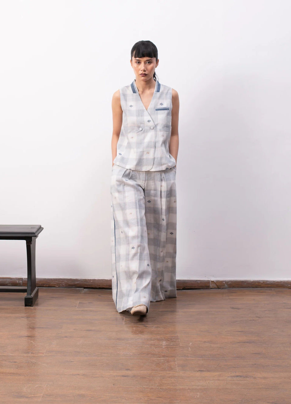 White and indigo co-ord with waistcoat and trousers- Hiranya