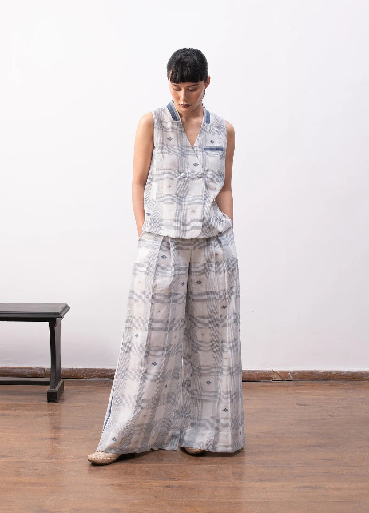 White and indigo co-ord with waistcoat and trousers- Hiranya