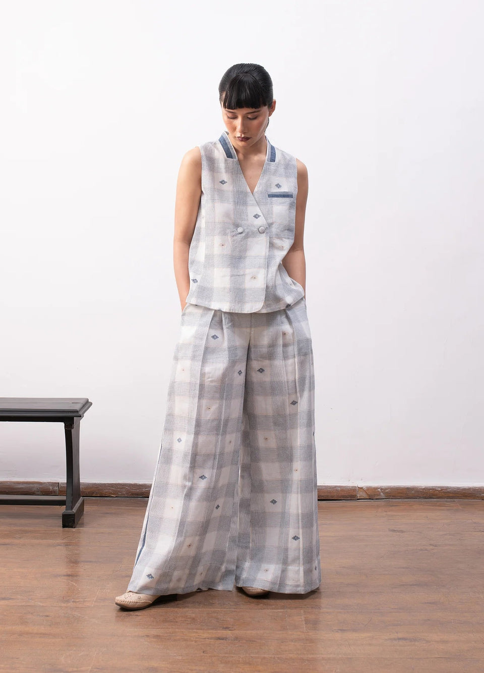 White and indigo co-ord with waistcoat and trousers- Hiranya