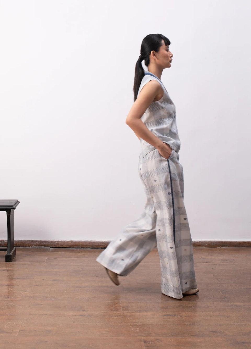 White and indigo co-ord with waistcoat and trousers- Hiranya