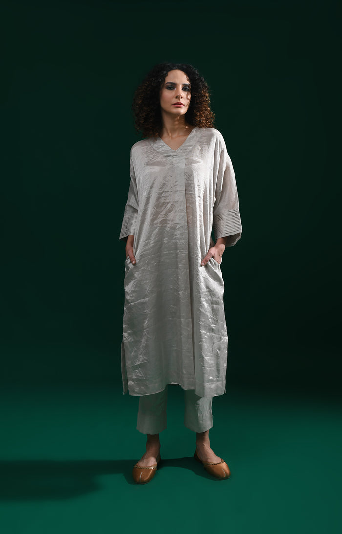 Silver handwoven tissue kaftan co-ord set for women - Hiranya