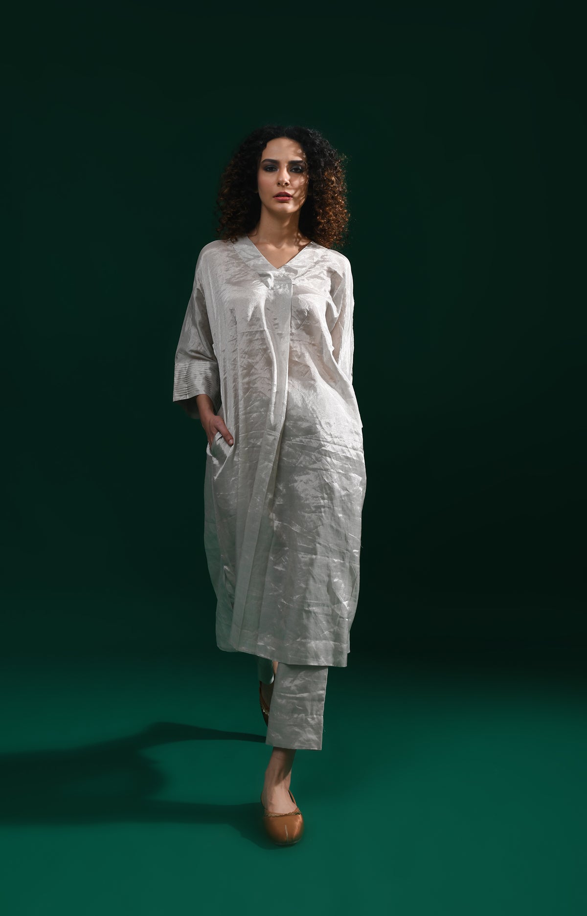 Silver handwoven tissue kaftan co-ord set for women - Hiranya