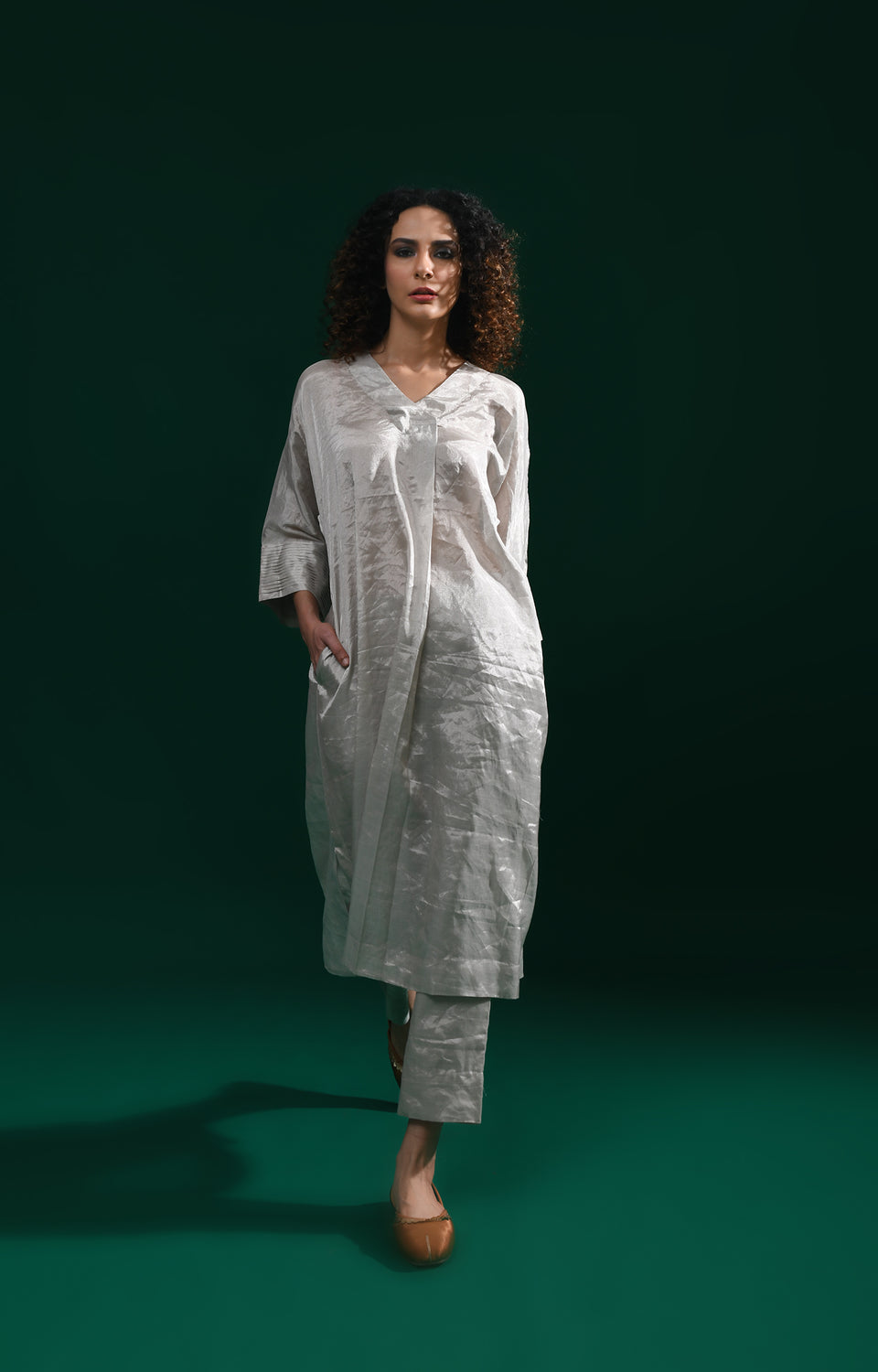 Silver handwoven tissue kaftan co-ord set for women - Hiranya