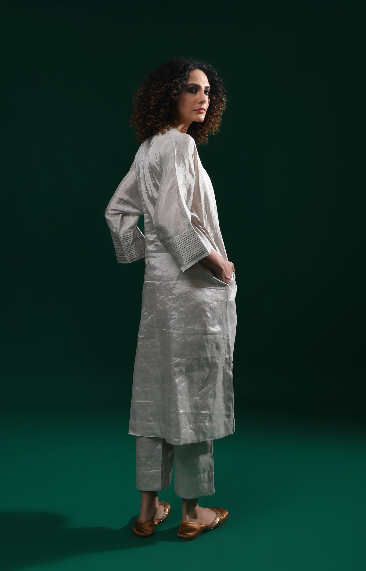 Silver handwoven tissue kaftan co-ord set for women - Hiranya