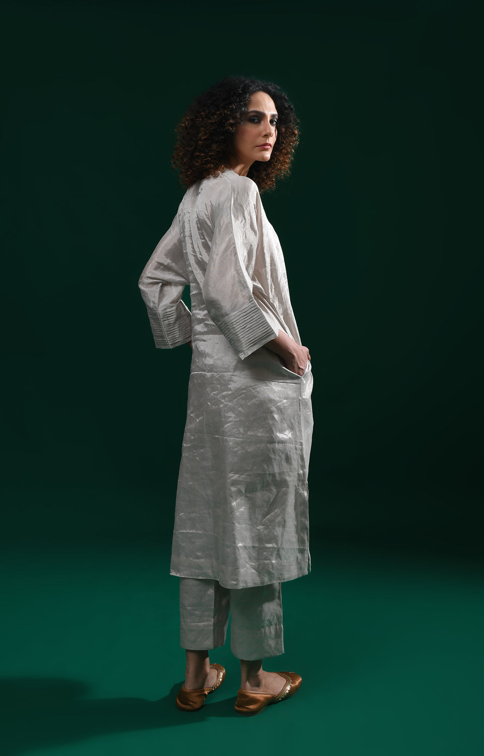 Silver handwoven tissue kaftan co-ord set for women - Hiranya