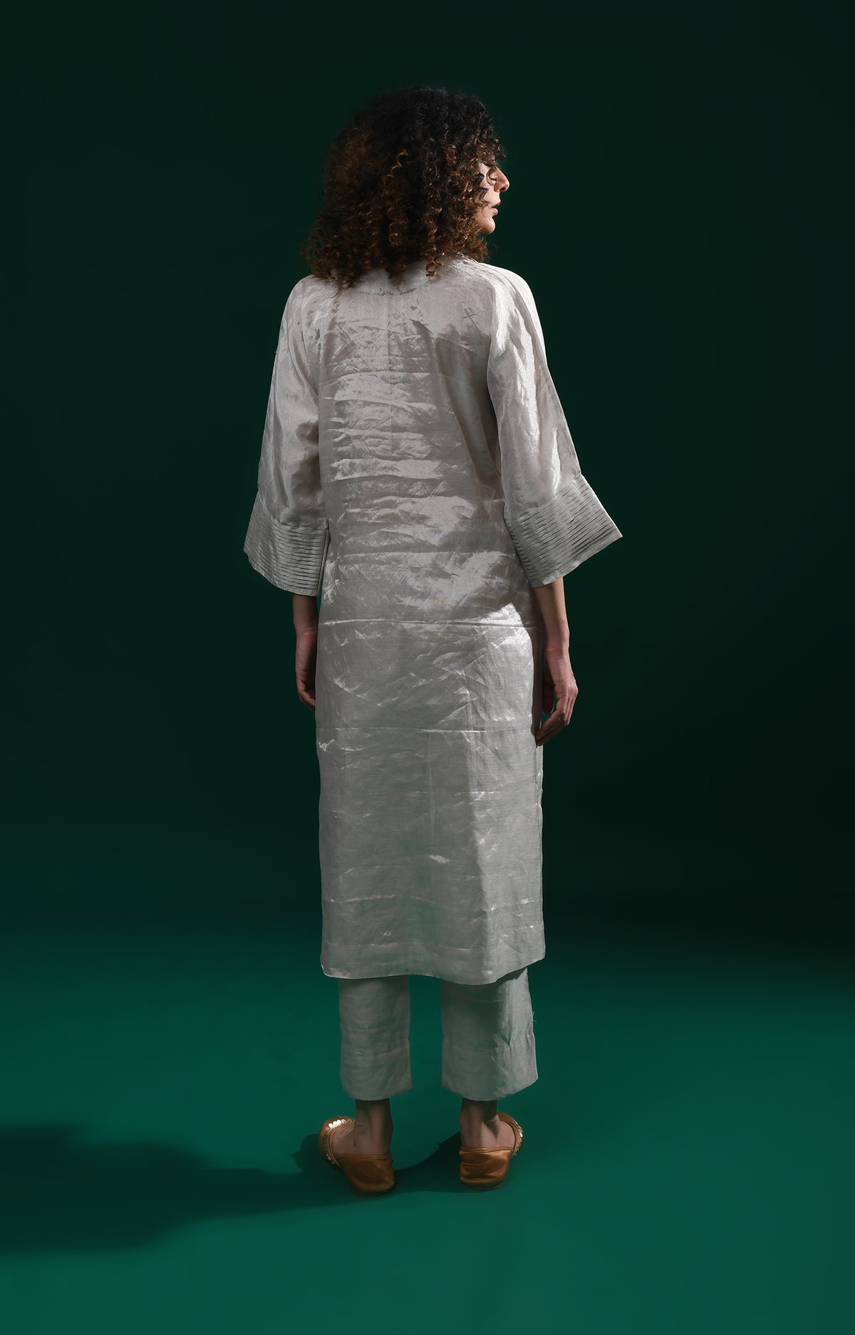 Silver handwoven tissue kaftan co-ord set for women - Hiranya