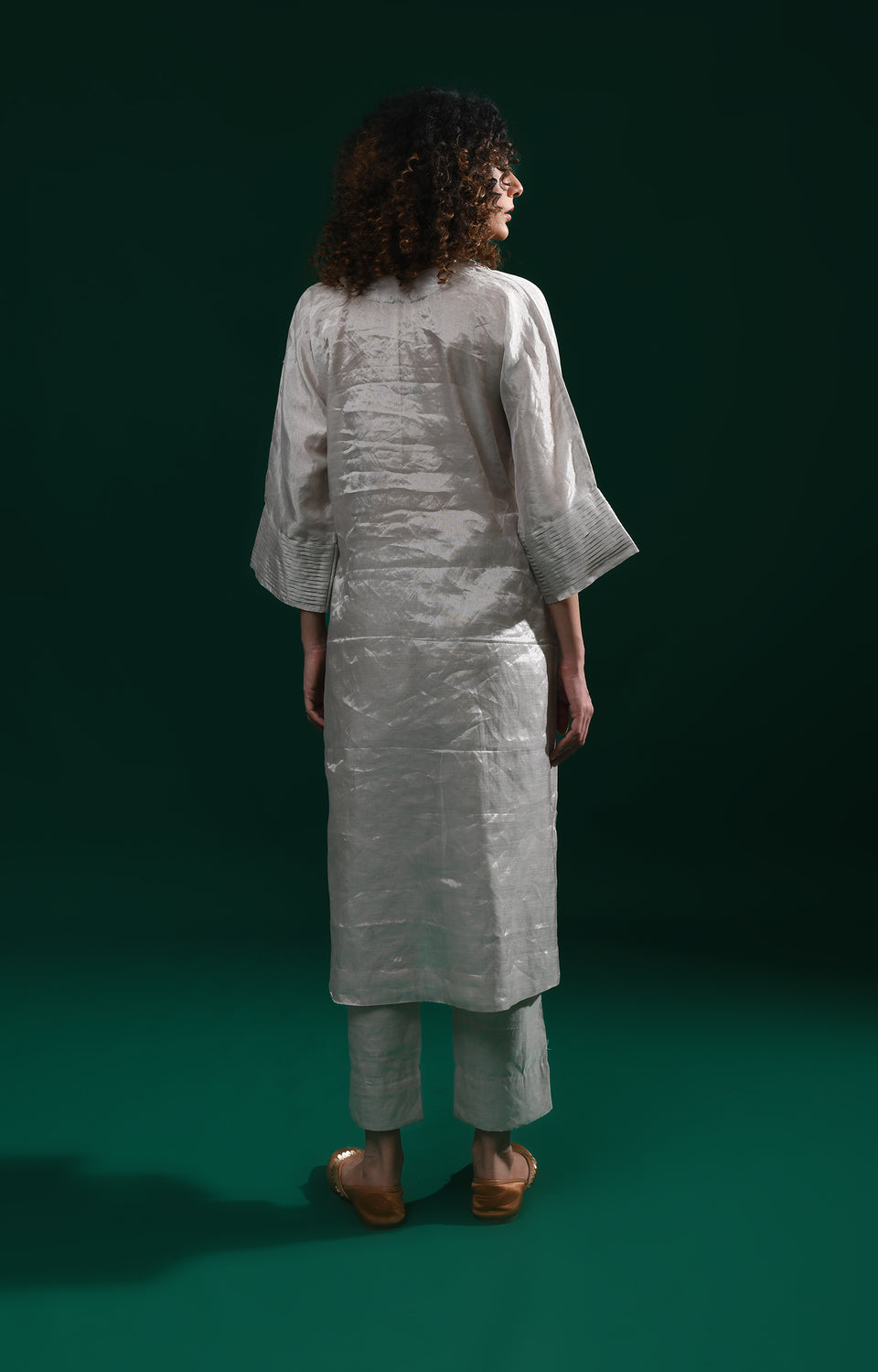 Silver handwoven tissue kaftan co-ord set for women - Hiranya